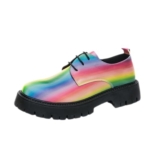 Men's Rainbow Lace Up Lug Sole Platform Oxfords Classic Round Toe Comfort Chunky Heel Anti-Slip Derby Casual Shoes for Business Work Office Dress Shoes