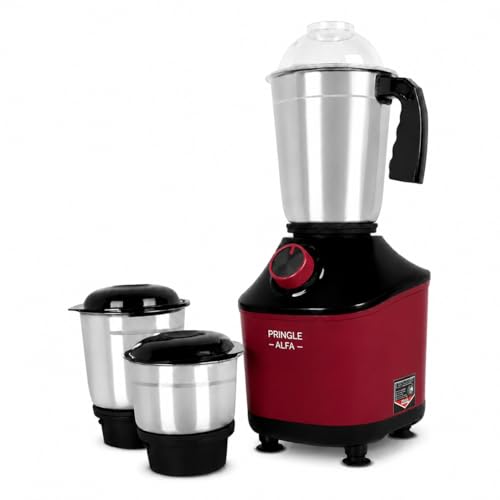 Image of Pringle Alfa 550W 3 Jar Mixer Grinder for Kitchen | 3 SS Jars (Liquidizing, Wet & Dry Grinder & Chutney) | Stainless Steel Blades | Compact & Powerful | 5 Yr Warranty | Red