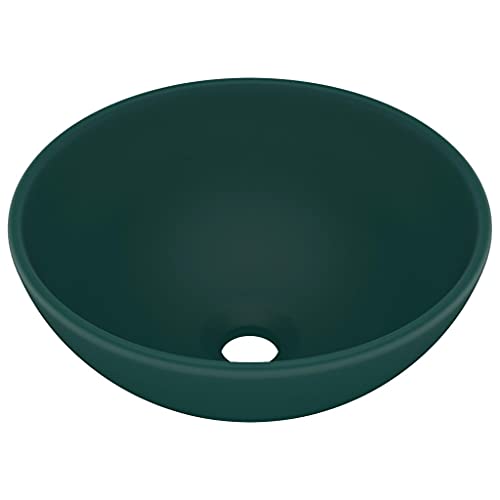 Lavabo redondo cerámico verde oscuro mate sobre tocador de cuarto de baño 2