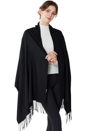 VENVSBEE Women's Travel Wrap Scarf, Pashmina Shawl, Black, 70% Polyester 30% Viscose, 69"L x 26"W, Perfect for Travel, Formal Events, Weddings, Gift for Women