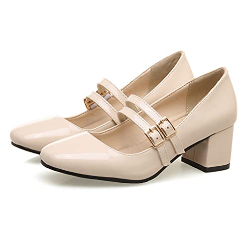 MIOKE Women's Mary Jane Pump Oxford Square Toe Patent Leather Buckle Strap Chunky Mid Heel Retro Dress Shoes2
