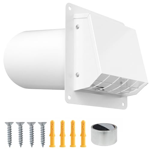 4 Inch Dryer Vent Cover Outside Galvanized Steel Exterior Hooded Wall Vent Cover with Removable Screen & Cushioned Backdraft Flap Exhaust Vent for House Through-Wall Dryer Vent Kit (White - 4 Inch)