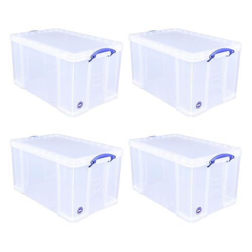 Image of Really Useful Box 84 Liters Storage Container with Snap Lid and Clip Lock Handle for Lidded Home and Item Storage Bins, 4 Pack, Clear