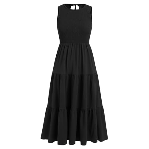 Image of IDOPIP Women Summer Elastic Waist Swing Dress Flowy Tiered Midi Beach Dress Casual Sleeveless Plain Sundress Black M