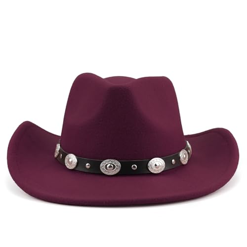 Image of DRESHOW Women Men Classic Felt Wide Brim Western Cowboy & Cowgirl Cap Belt Buckle Retro Panama Hat Unisex Rolled up Caps