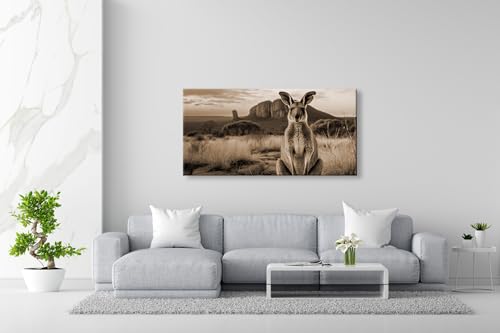 Leinwandbild Känguru vor Outback-Kulisse – wild und wunderbar Panorama 100x50cm Effekt: Sepia XXL Wandbild auf Keilrahmen/Kunstdruck/Bild Wohnzimmer Dekoration