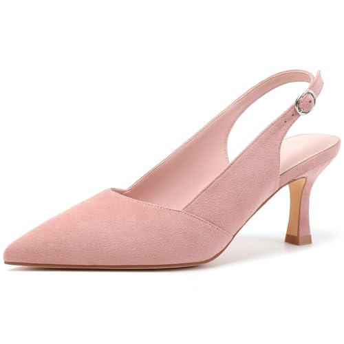 Mostrin Light Pink Kitten Heels for Women Suede Slingback Pointed Closed Toe Heels Womens Pumps Shoes for Office Work Party Size 8.5