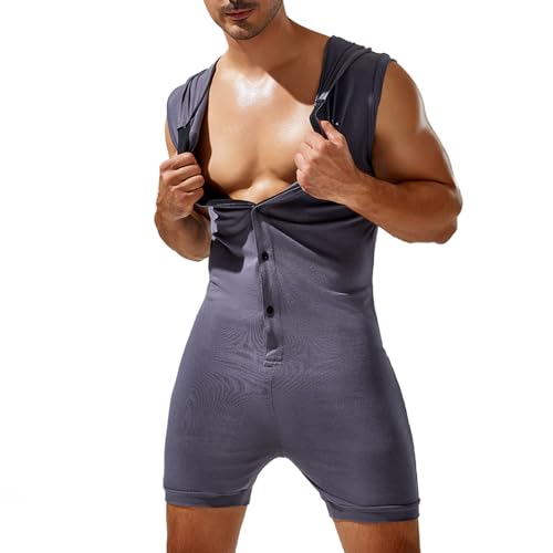 Men's Sexy Hoodie Jumpsuit,Party Sleeveless Sport Button-Down Short Slim Fit Elasticity Sleepwear XXL Black Grey3