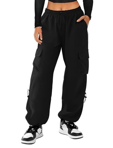 COPYLEAF Cargo Pants Women High Waisted Parachute Pants with Pockets Quick Dry Lightweight Baggy Pants(Black M)