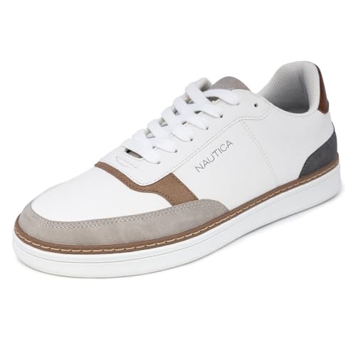 Nautica Men's Hoyt Casual Lace-Up Shoe,Classic Tennis Low Top Loafer, Fashion Sneaker-White Grey Tan Size-11