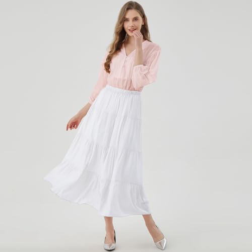 Women's Boho Maxi Skirt Summer Flowy Long Tiered A-Line Elastic High Waist Pleated Beach Skirt2