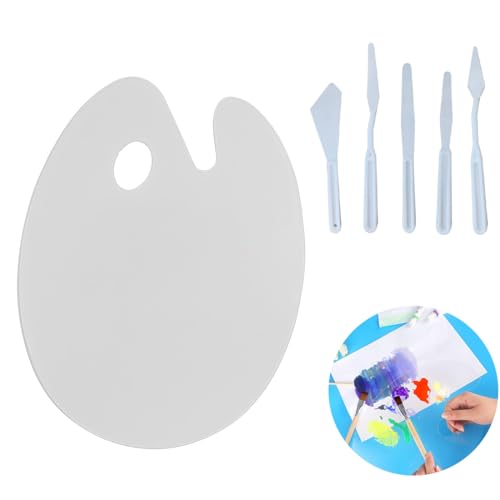 EYVRPAU 1 Stück Malpalette Klare Acryl Mischpalette Schutzpapier 5 Stück Kunststoff Malmesser Malspachtel Set für DIY Kunsthandwerk Malerei (20 cm × 30 cm)