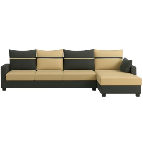 Image of CASASTYLE Wallis 5 Seater Fabric RHS L Shape Sofa Set (Beige-Dark Grey) Velvet Finish | Comfortable Sectional Sofa for Living Room