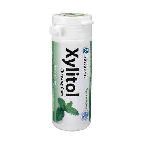 miradent Xylitol Zahnpflegekaugummi Spearmint Display 12 St. | erfrischender Geschmack | zuckerfrei | vegan | kariespräventiv | für unterwegs