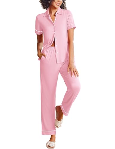 Ekouaer Pink Pajamas Set for Women Button Down Short Sleeve Pjs Set Soft Lounge Set with Long...