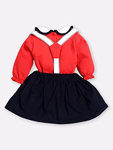 Image of Baby GO Cotton Full Sleeve Frock with Attached Suspender Skirt for Baby Girls | Cute Bear Patchwork Peter Pan Collar Dress | Infant Winterwear Birthday Party Frock Set