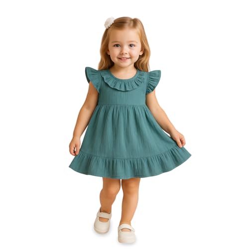 Image of Kidbea Baby Girls' Cotton Dress, Comfortable, Trendy Ruffled Sleeves & Hem, Soft Breathable Fabric for Everyday & Special Occasions (Teal, 2-3 Years)