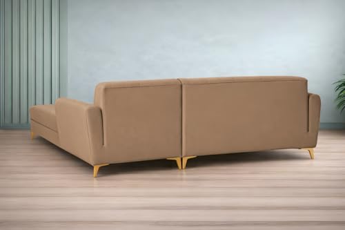 Image of Adorn India Premium Luster 6 Seater L Shape Sofa Set | Velvet Suede Fabric | 3-Year Warranty | RHS |Color Camel with Golden Legs & Striped Pattern Cushion