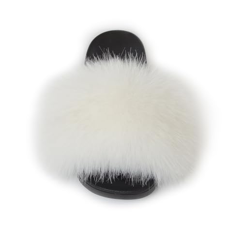 Image of Women's Faux Fur Slides Slippers Fluffy Fuzzy Sandals Open Toe Furry Slide Flip Flop Indoor Outdoor