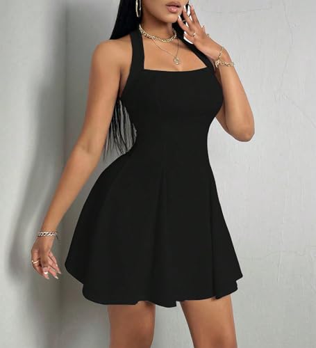 Image of PerZeal Women's Summer Halter Dress Backless Mini Beach Party Dress Sleeveless A-Line Sundress Casual Club Dress