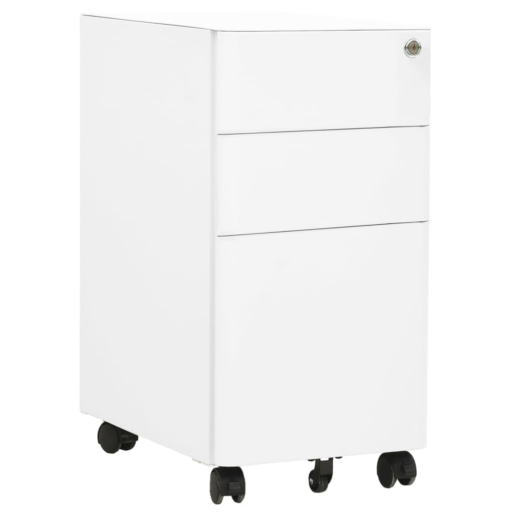 Armadietto portadocumenti con ruote, bianco, 30 x 45 x 59 cm, in acciaio, con 3 cassetti e 1 lucchetto per cartelle, aste sospese e materiale di cancelleria, durevole e salvaspazio