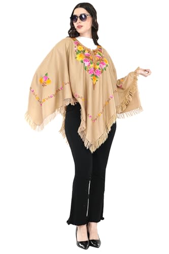 Image of Premium Women's Kashmiri hand embroidery floral woollen poncho Indian cape wrap shrug Free size