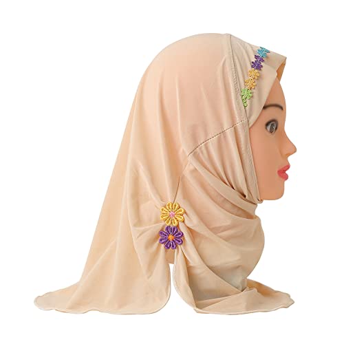 Suillty Kids Girls One Piece Muslim Hijab Scarf Floral Lace Hear Wrap Islamic Full Head Scarf Shawls2