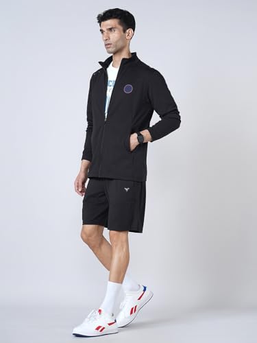 Image of TECHNOSPORT Men Solid Slim Fit Mock Neck Sports Jacket (Black) ELASTO PLUS 4-Way Stretch UPF50+ Polyester Full Zip Long Sleeve Jacket for Men Gym Running Workout Casual Athleisure