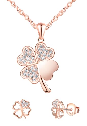 MICMIF Schmuckset Roségold für Damen, 925 Sterling Silber Kleeblatt Halskette und Ohrringe Set, Schmuck Set Kleeblatt Ohrstecker & Kette Anhänger mit Zirkonia für Mädchen Frauen Party