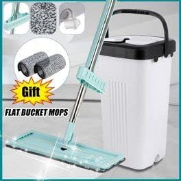 Image of Heavy Quality Floor Mop with Bucket, Flat Square Dinner Squeeze Mop Bucket System Cleaning Supplies 360 Flexible Mop Head /2 Reusable Ceramic Gift Pack