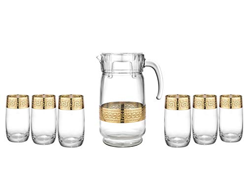 Greek Key Design Water Beverage Set 1 Pitcher Jug With 6 Hiball Glasses