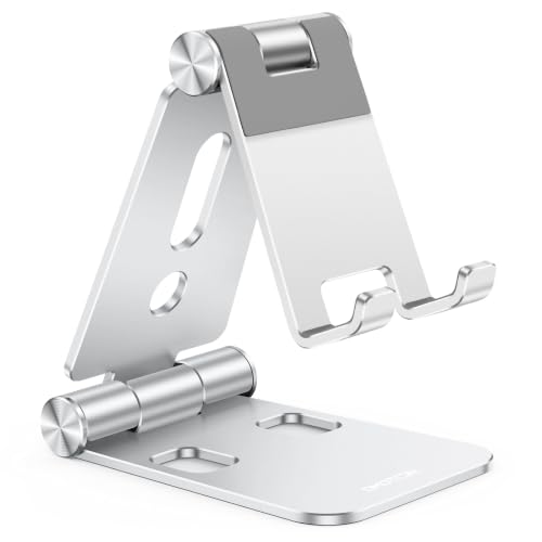 OMOTON Foldable Cell Phone Stand C4 Portable Aluminum Phone Holder Adjustable Phone Dock Cradle for iPhone 17/16/15 Pro Max Air Small Tablets All Smart Phones for Women Men Gift Silver