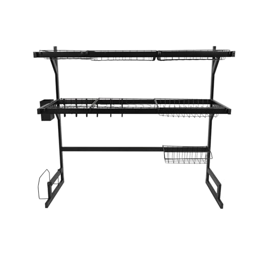 Image of Epicasa Premium Over Sink Dish Drying Rack, 2 Tier Stainless Steel Dish Organizer with Cutlery Basket & Hooks, Multi Storage & Space Saving Kitchen Organizer, 65 cm | Black
