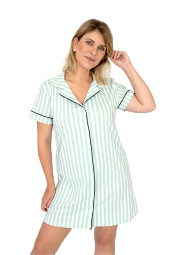 Camisola Algodão Feminina Americana Manga Curta com Botões Adulto indicado Gestante Amamentação e Pós cirúrgico – Listrado Verde (Verde, M)