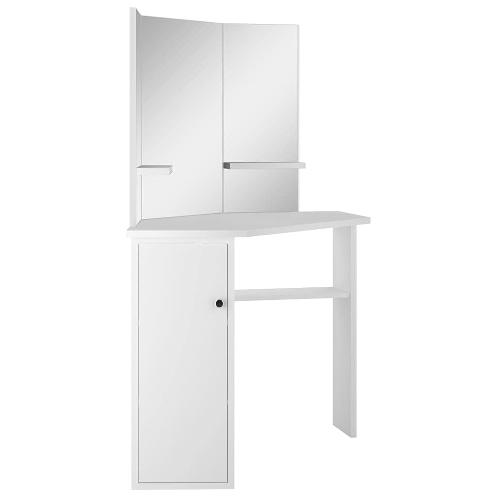 Tocador esquinero blanco de MDF con espejo de 3 piezas, espacio de almacenamiento y estante, mesa de maquillaje compacta para dormitorio, habitación de niña y baño