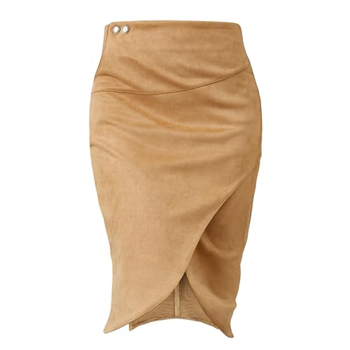 Pencil Skirt for Women with Slit Tummy Control High Waist Wrap Suede Skirt Office Work Skirt with Pocket