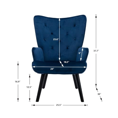 Image of Velvet Wingback Accent Chair for Living Room | Luxury High Back Tufted Armchair with Glossy Metal Legs | Modern Velvet Upholstered Lounge Chair for Home & Office | 1 Pc (Blue)