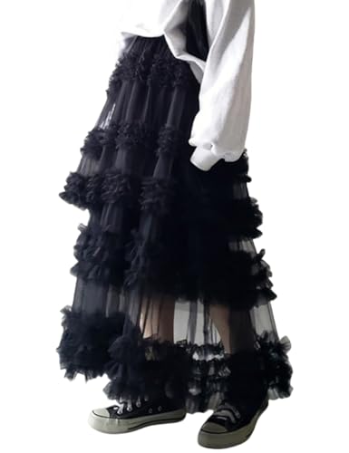 Perbai Women's Long Tulle Skirt High Waisted A Line Ruffle Tiered Flowy Mesh Tutu Skirt Petticoat
