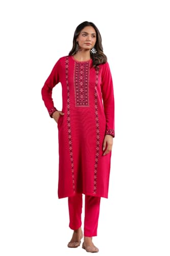 Ishin Women's Pink Jacquard Style Ethnic Motifs Straight Winterwear Kurta