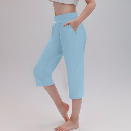 Girls' 𝐂apri Leggings Kids Workout Toddler Soft 𝗦tretch Crop Knee Pant Summer Cropped Pants (Light Blue, 13-14 Years)2