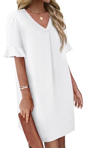 Image of OFEEFAN Summer Dresses for Women Ruffle Short Sleeve V Neck Casual Shift Dress with Pockets