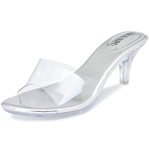 NBUUNBU Clear Heels for Women Silver Black Heels Little Platform Sexy High Heels Sandals Stiletto Kitten Open Toe Dress Shoes Comfortable Double Transparent Strap Heeled Sandals Mule4