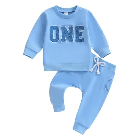 Lamuusaa Toddler Baby Boy Birthday Outfit One/Two Letter Embroidery Sweatshirt Jogger Pants Fall Winter Clothes (Blue One, 6-12 Months) Cover