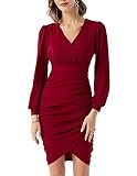 GRACE KARIN Damen Elegant Etuikleid Knielang Elegant Gerafftes Wickelkleid V-Ausschnitt Bleistiftkleid Cocktailkleid Rot CL1338A22-2_XL