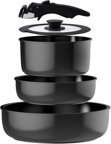 Uukrave Juego de sartenes de cerámica con mango extraíble, juego de utensilios de cocina para camping, juego de ollas y sartenes de cerámica no tóxicas, sin PTFE, libre de PFOA, ahorra espacio, apto