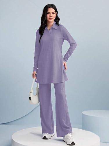 Image of TADKEE Women's Solid Color Two-Piece Set | Long Sleeve Top & Wide Leg Pants Co-ord Set | Casual Wear Co ord Set