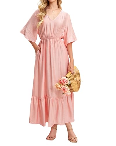 Image of Women's Summer Short Sleeve Maxi Floral Flowy Dresses with Pockets