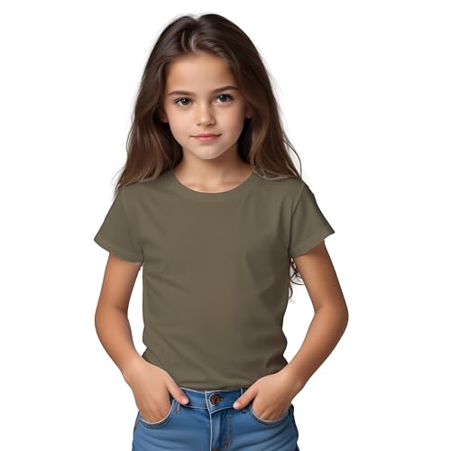 Camiseta Manga Corta algodón orgánico para niñas - Camiseta eterna 175 g/m no se deforma y Elegante para Chicas (FR/ES, Edad, 12 años, Regular, Verde Militar)