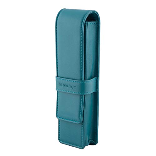 Image of DiLoro Leather Pen Case Pouch Holder for Two Fountain Ballpoint Rollerball Pens or Pencils (Turquoise Green)