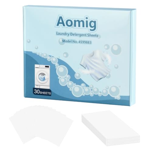 Aomig Detergente en Tiras para Lavadora, 30 Hojas de Detergente para Ropa, Detergente Ecológico Viajar con Efecto Suavizante, Ropa Limpia y Suave, Respetuoso con el Planeta